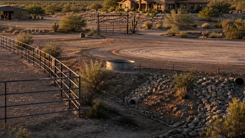 Representative desert home site near the Tucson Mountains with a wash and saguaros