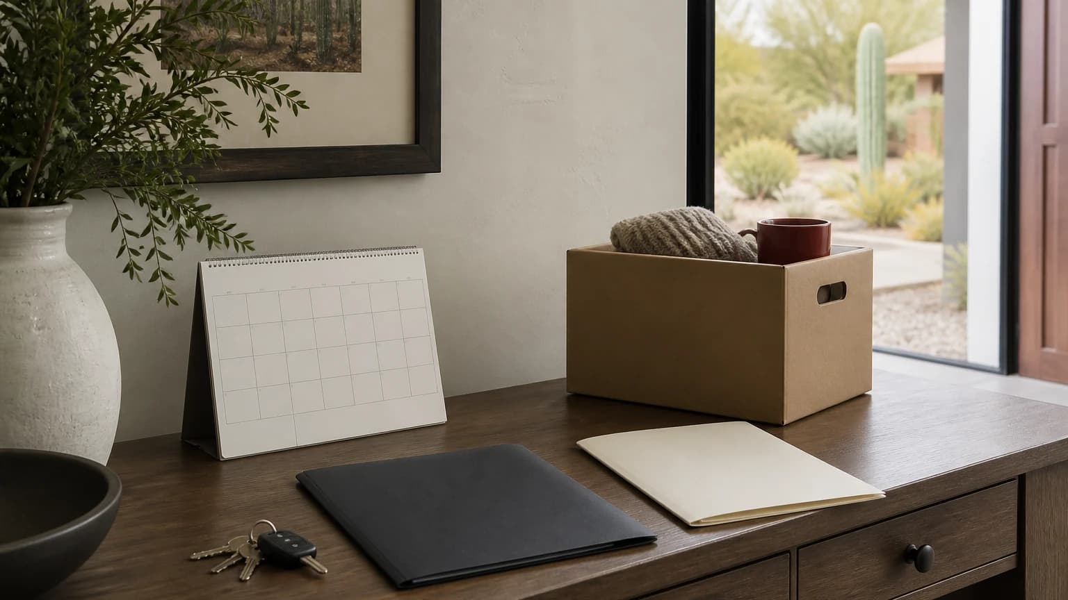 Packed moving box, keys, one document folder, and a blank calendar on a cleared desk in a Tucson home