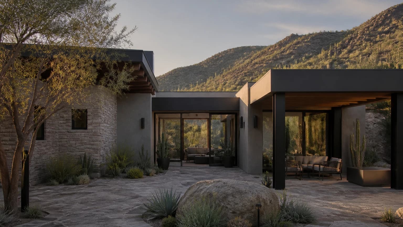 Representative modern desert home with a shaded courtyard and stone patio against the mountains