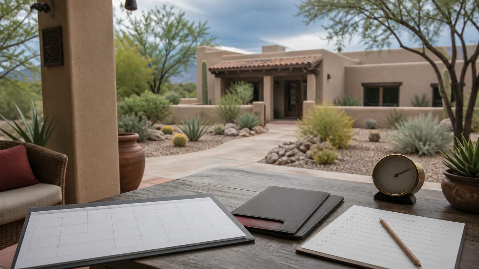 Representative southwest style home and desert courtyard seen from a covered patio with a planning notebook