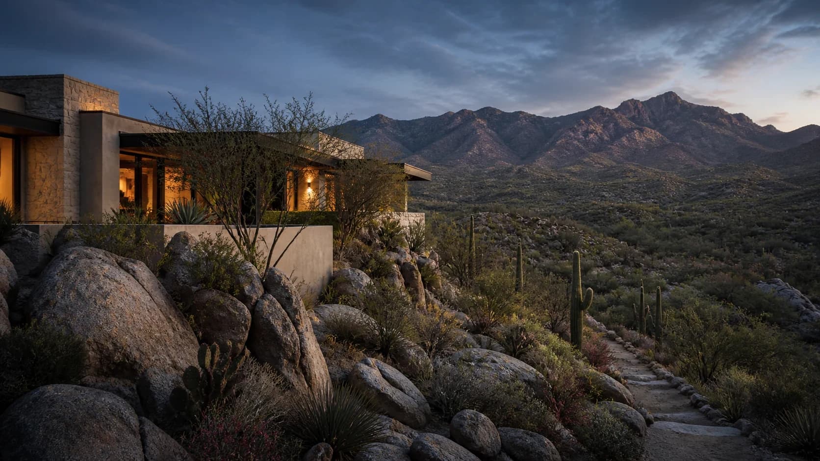 Representative Tucson home beneath the Catalina Mountains in evening light