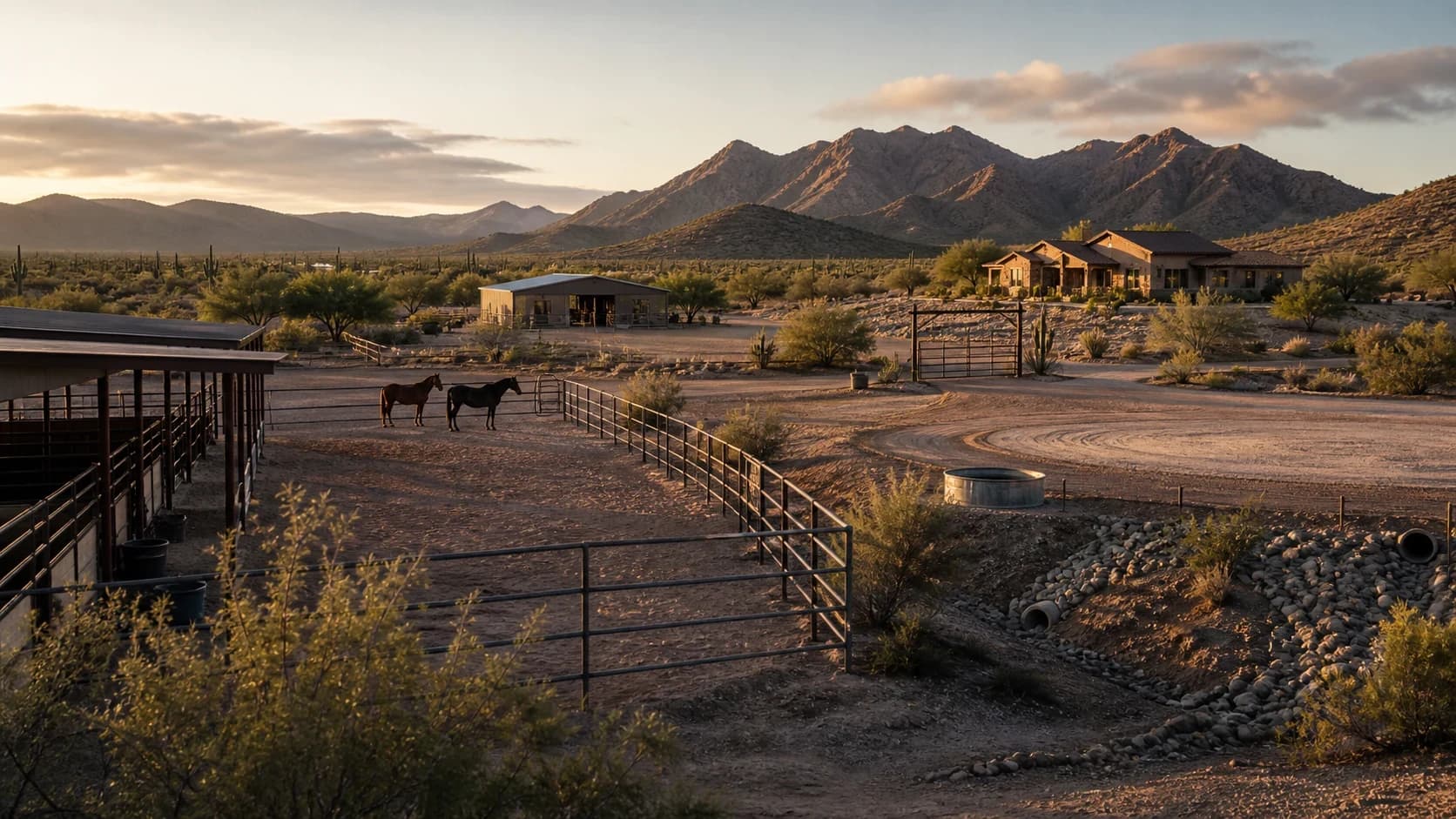 Representative horse property gate, water point, drainage channel, and access route in Southern Arizona