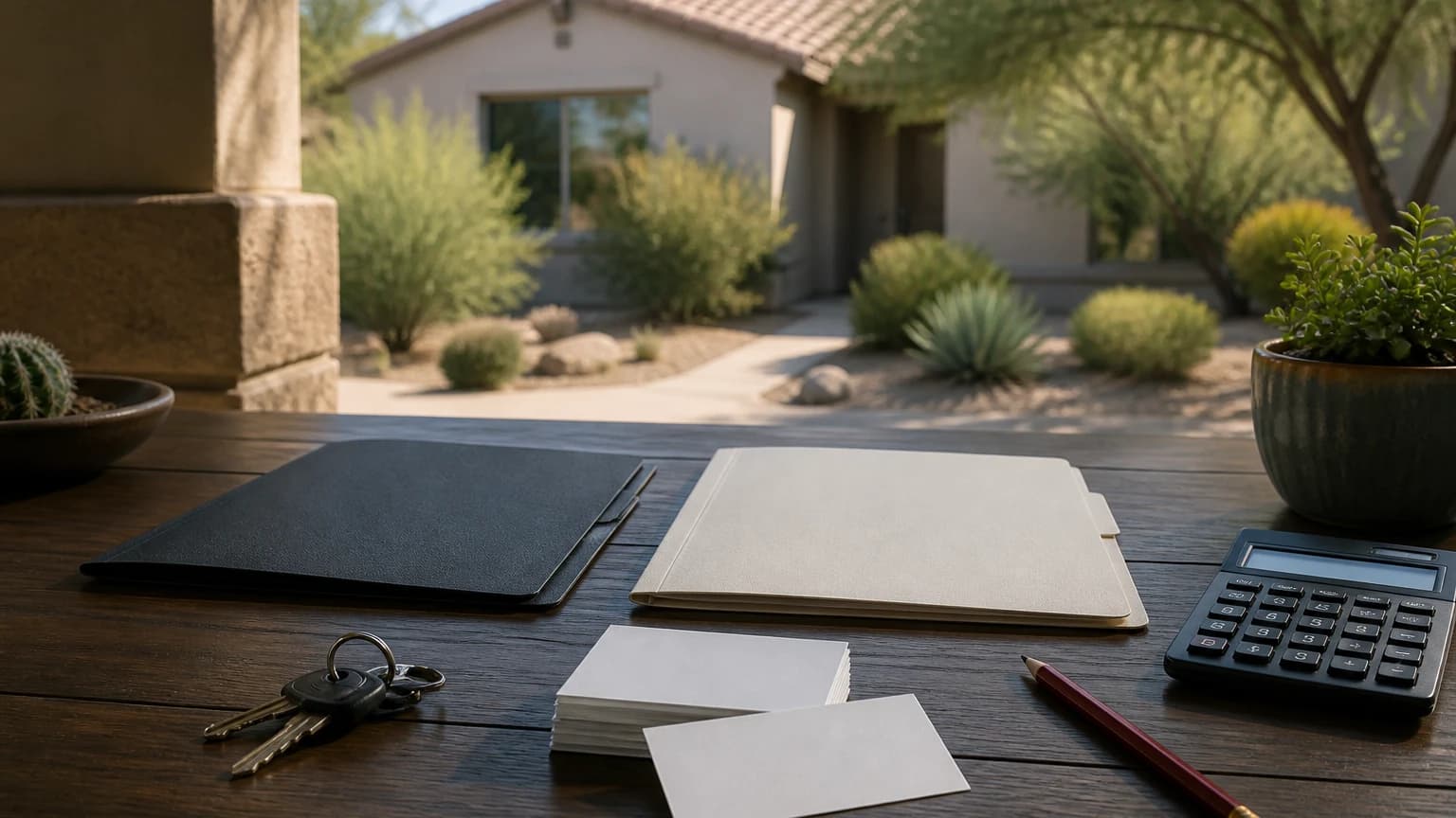 Buyer planning file with loan and property questions beside a Tucson home