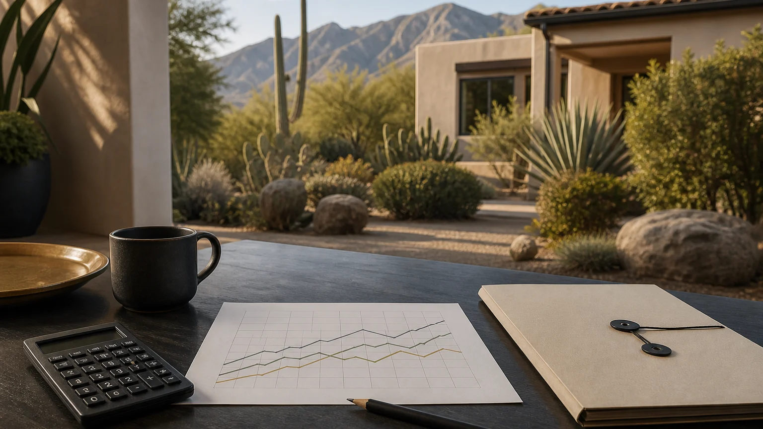 Representative Tucson home with a calculator, blank chart, pencil, and property folder.