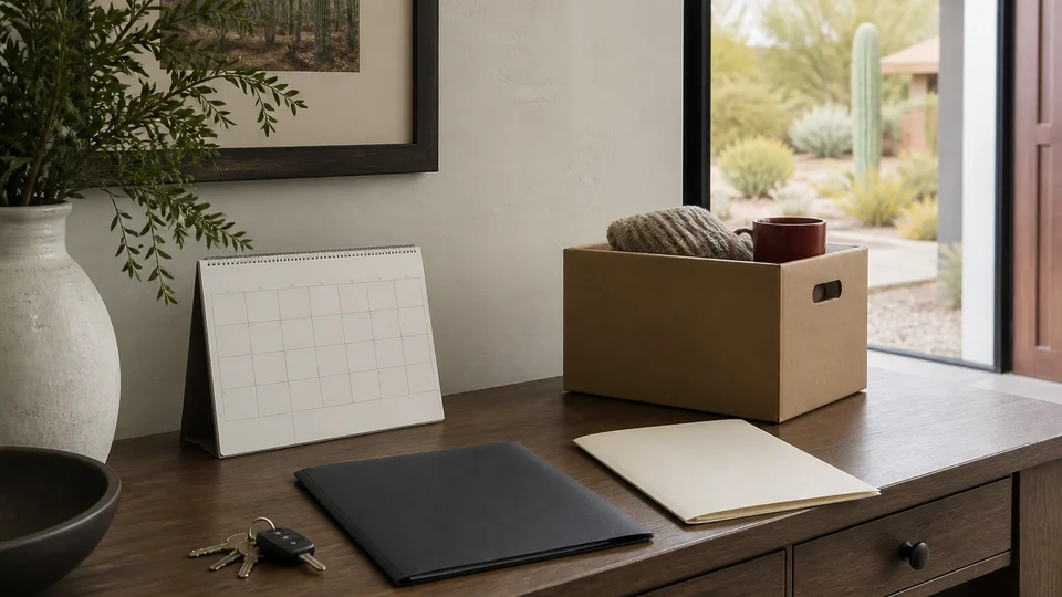 Representative home timing scene with keys, blank calendar, folders, and a moving box.