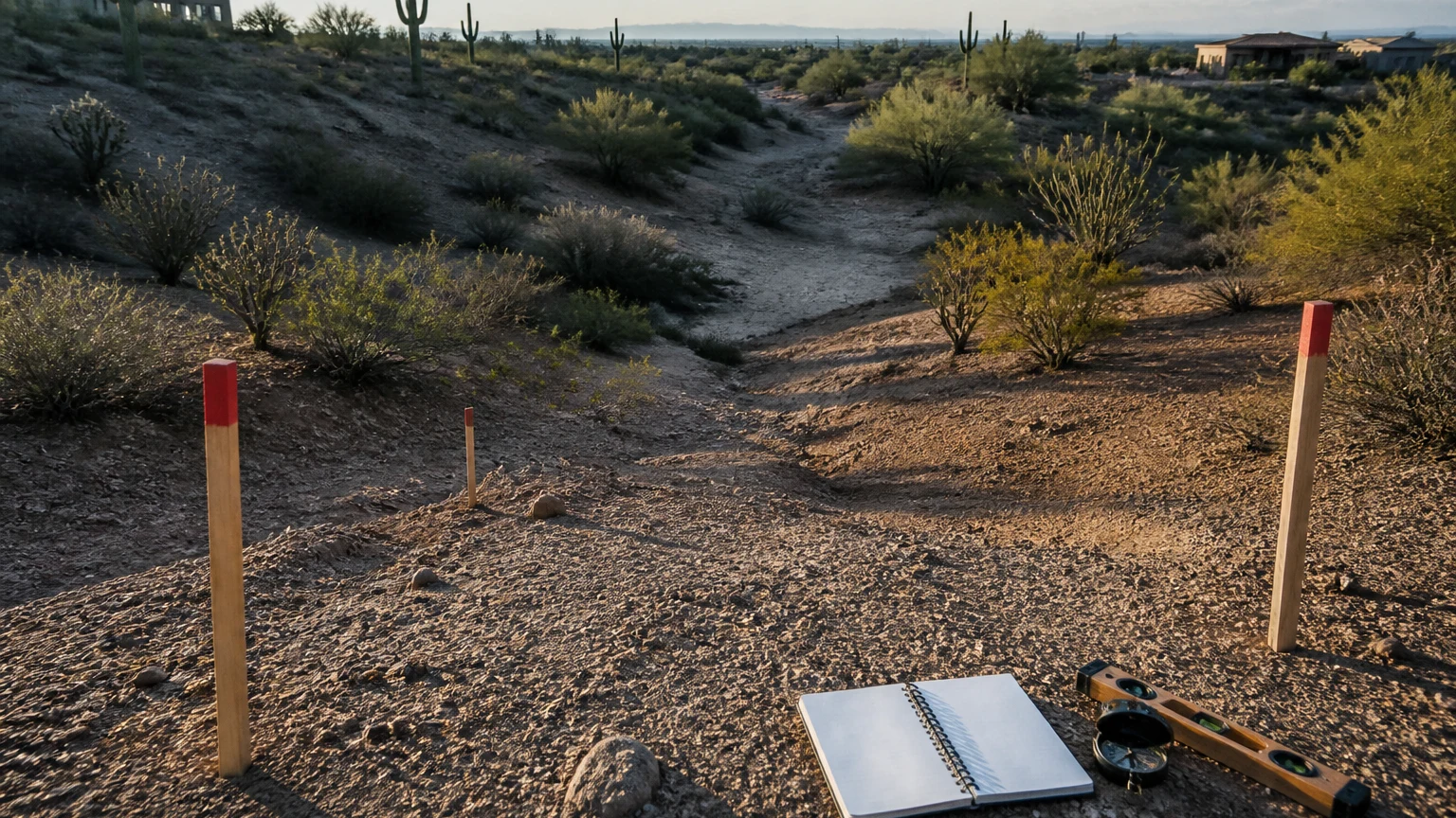 Representative desert lot with visible grade, drainage path, blank field notes, level, and stakes.
