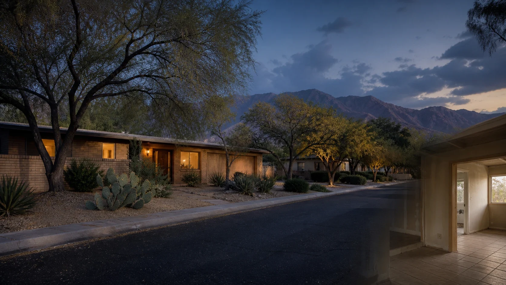 Representative East Tucson ranch home, mature desert streetscape, and original condition interior context.