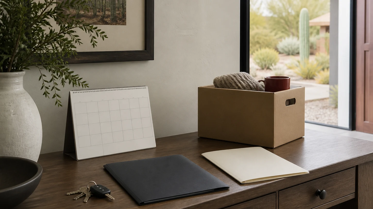 Representative home decision scene with keys, blank calendar, folders, and a moving box.