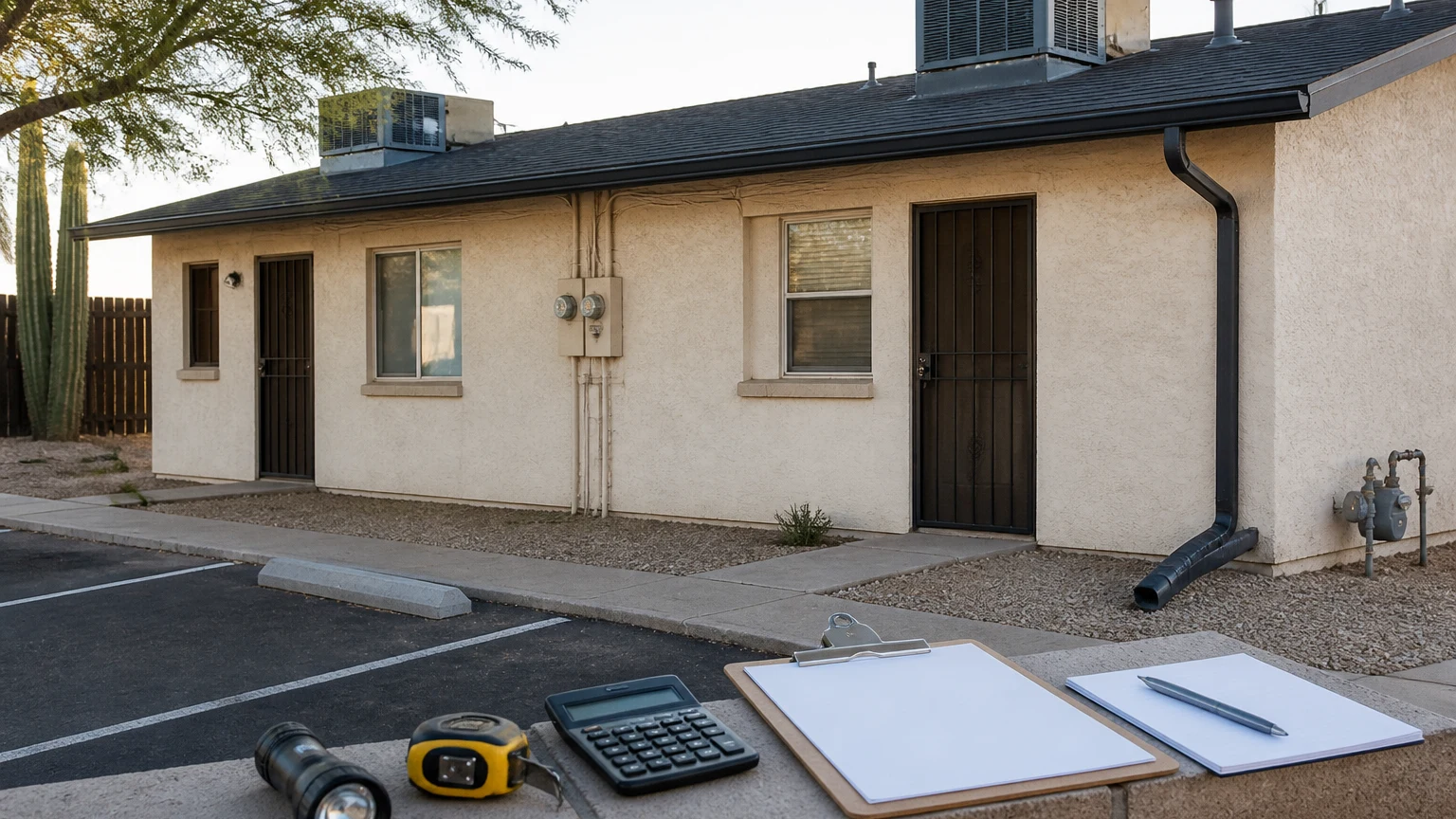 Representative modest Tucson property with observable systems and blank inspection and cost review tools.