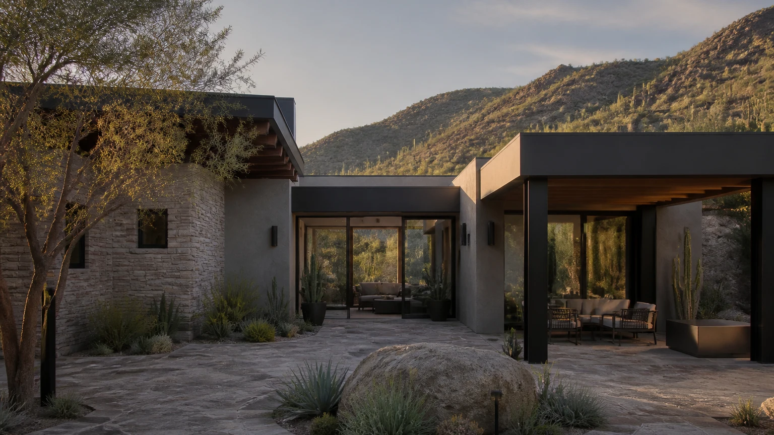 Representative desert residence showing architecture, materials, native landscaping, and lot context.
