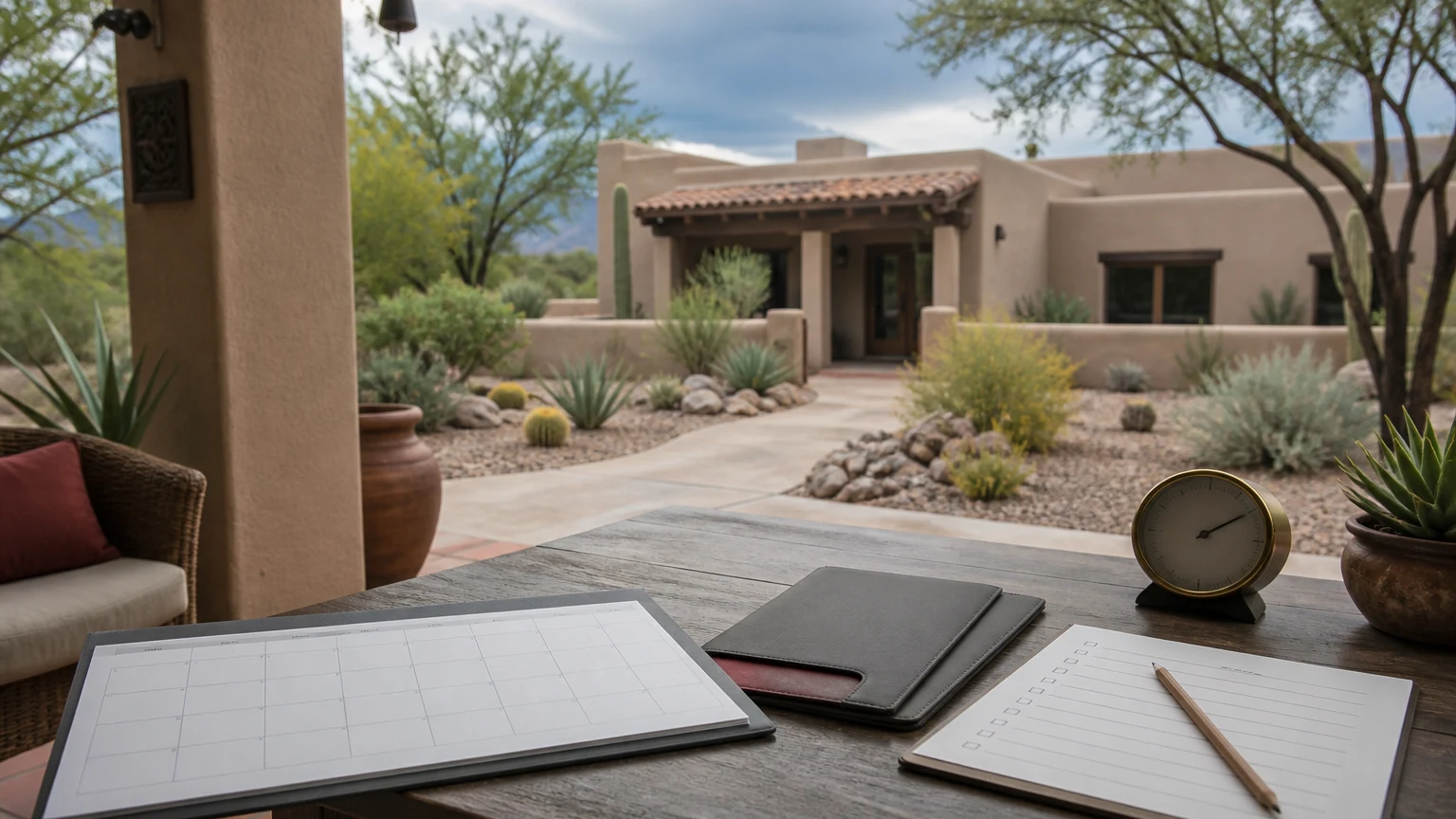 Representative Tucson home timing scene with a blank calendar, checklist, property folder, and weather gauge.