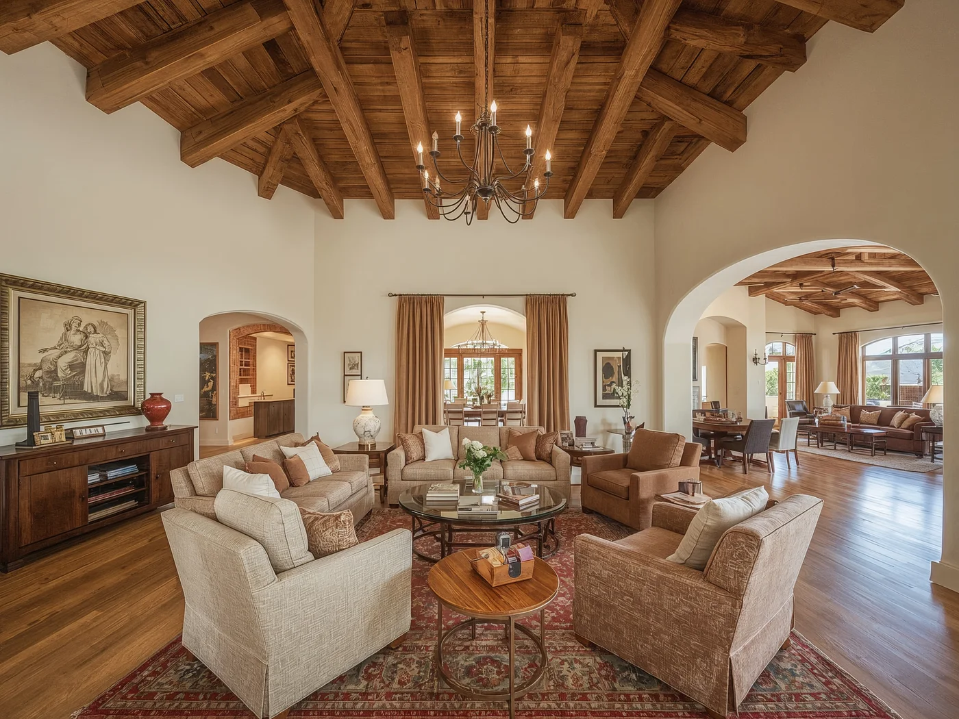 Living room · open plan, beamed ceiling
